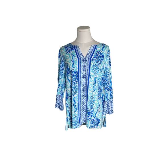 Pineapple Print Tunic Top S Bell Sleeve Blue White Boho‎ Resort Vacation Rayon - Picture 2 of 10